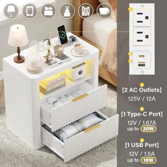 Alt view image 4 of 7 - Fluted Nightstand with Charging Station & RGB Lights,Wooden End Table with 2 Deep Drawers & Open Storage Shelf,Thickened Top,Modern Bedside Table for Bedroom,Living Room,White