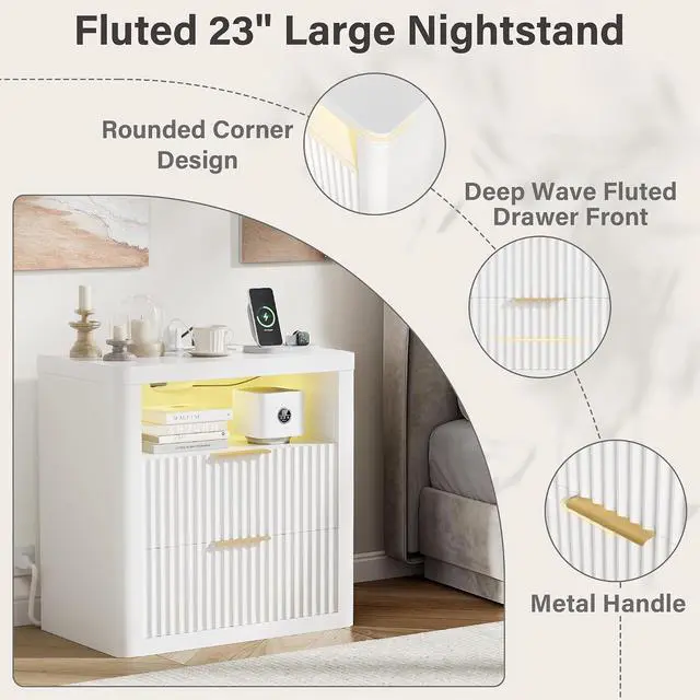 Alt view image 5 of 7 - Fluted Nightstand with Charging Station & RGB Lights,Wooden End Table with 2 Deep Drawers & Open Storage Shelf,Thickened Top,Modern Bedside Table for Bedroom,Living Room,White
