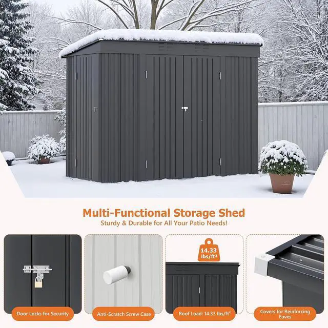 Alt view image 4 of 7 - 8x4 FT Outdoor Storage Shed, Heavy Duty Tool Metal Sheds with 3 Lockable Doors and Updated Frame Structure for Backyard Patio Lawn, Black