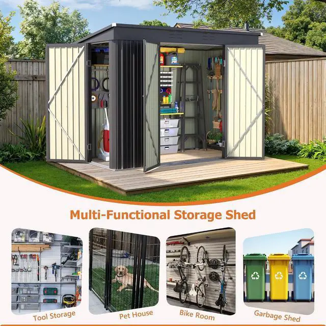 Alt view image 3 of 7 - 8x4 FT Outdoor Storage Shed, Heavy Duty Tool Metal Sheds with 3 Lockable Doors and Updated Frame Structure for Backyard Patio Lawn, Black