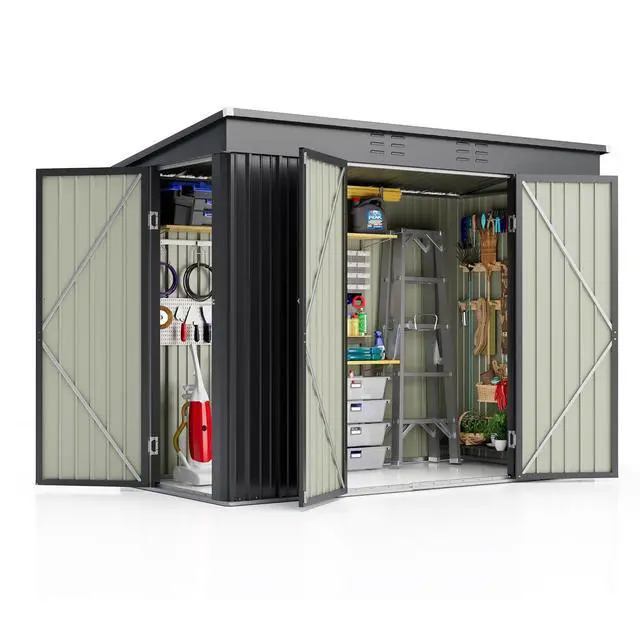 Alt view image 7 of 7 - 8x4 FT Outdoor Storage Shed, Heavy Duty Tool Metal Sheds with 3 Lockable Doors and Updated Frame Structure for Backyard Patio Lawn, Black
