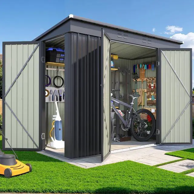 Alt view image 6 of 7 - 8x4 FT Outdoor Storage Shed, Heavy Duty Tool Metal Sheds with 3 Lockable Doors and Updated Frame Structure for Backyard Patio Lawn, Black