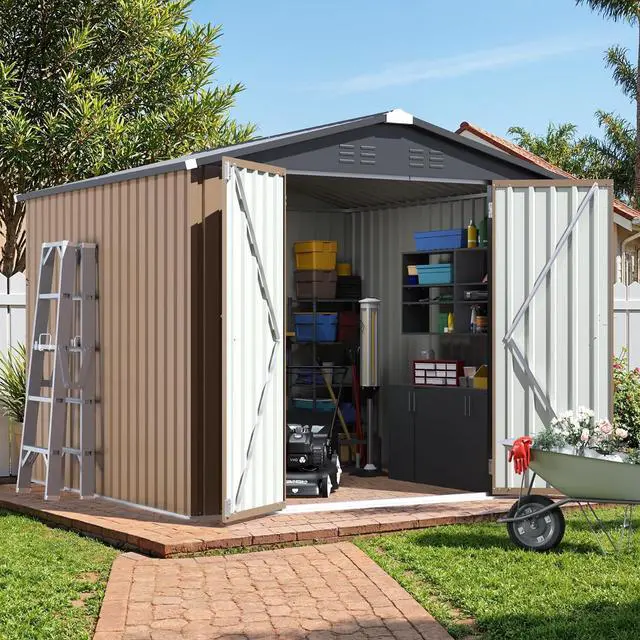Main image of 8x8 FT Outdoor Storage Shed, Heavy Duty Tool Metal Sheds with Lockable Doors and Updated Frame Structure for Backyard Patio Lawn, Brown