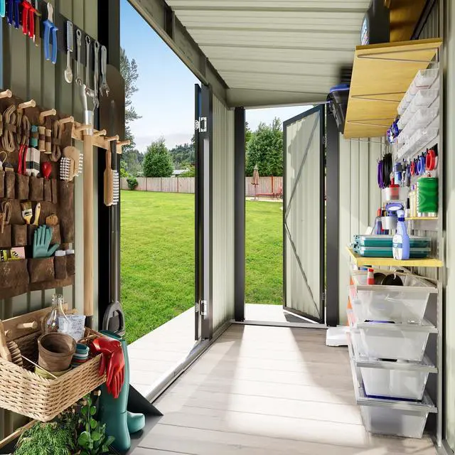 Alt view image 5 of 7 - 8x4 FT Outdoor Storage Shed, Heavy Duty Tool Metal Sheds with 3 Lockable Doors and Updated Frame Structure for Backyard Patio Lawn, Black