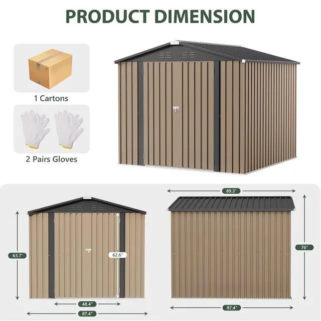 Alt view image 2 of 7 - 8x8 FT Outdoor Storage Shed, Heavy Duty Tool Metal Sheds with Lockable Doors and Updated Frame Structure for Backyard Patio Lawn, Brown