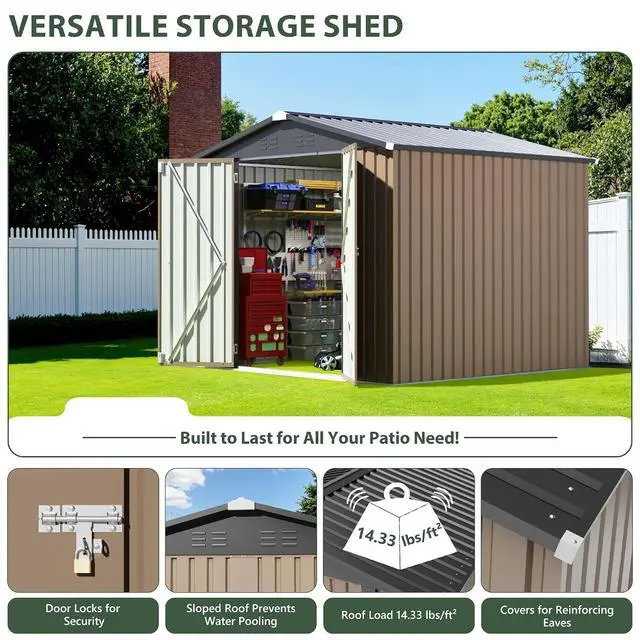 Alt view image 4 of 7 - 8x8 FT Outdoor Storage Shed, Heavy Duty Tool Metal Sheds with Lockable Doors and Updated Frame Structure for Backyard Patio Lawn, Brown