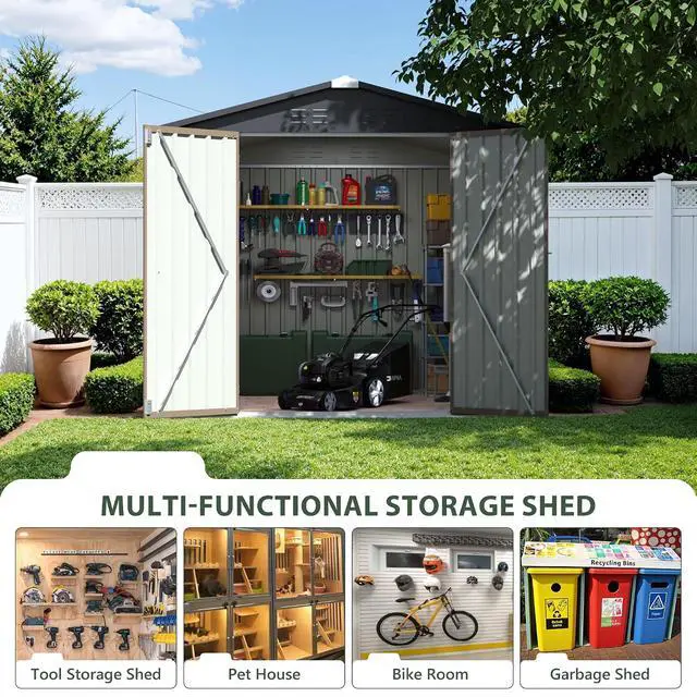 Alt view image 3 of 7 - 8x8 FT Outdoor Storage Shed, Heavy Duty Tool Metal Sheds with Lockable Doors and Updated Frame Structure for Backyard Patio Lawn, Brown