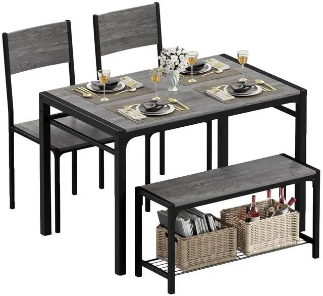 Main image of 43.3" Dining Table Set for 4, Kitchen Table with Bench & 2 Chairs Modern Rectangular Metal Frame Dining Furniture Set for Small Space (Grey)