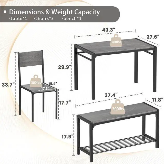 Alt view image 2 of 7 - 43.3" Dining Table Set for 4, Kitchen Table with Bench & 2 Chairs Modern Rectangular Metal Frame Dining Furniture Set for Small Space (Grey)