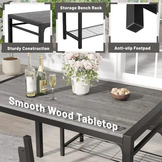 Alt view image 3 of 7 - 43.3" Dining Table Set for 4, Kitchen Table with Bench & 2 Chairs Modern Rectangular Metal Frame Dining Furniture Set for Small Space (Grey)