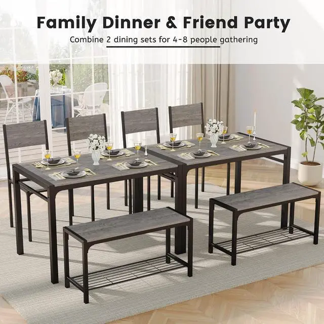 Alt view image 6 of 7 - 43.3" Dining Table Set for 4, Kitchen Table with Bench & 2 Chairs Modern Rectangular Metal Frame Dining Furniture Set for Small Space (Grey)