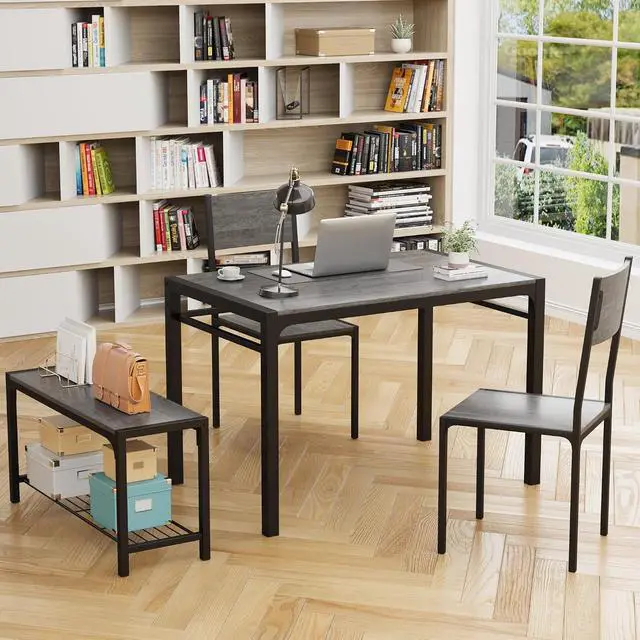 Alt view image 4 of 7 - 43.3" Dining Table Set for 4, Kitchen Table with Bench & 2 Chairs Modern Rectangular Metal Frame Dining Furniture Set for Small Space (Grey)