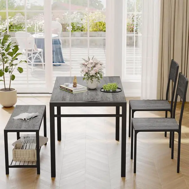 Alt view image 7 of 7 - 43.3" Dining Table Set for 4, Kitchen Table with Bench & 2 Chairs Modern Rectangular Metal Frame Dining Furniture Set for Small Space (Grey)