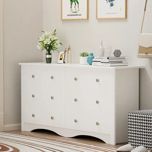 Alt view image 2 of 7 - 6 Drawer Dresser Chests for Bedroom, Storage Dressers Organizer with Anti-Tilt Devices, Modern Wide Wood Chest of Drawers for Living Room Hallway Entryway (White)