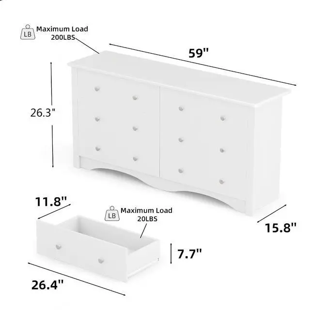 Alt view image 3 of 7 - 6 Drawer Dresser Chests for Bedroom, Storage Dressers Organizer with Anti-Tilt Devices, Modern Wide Wood Chest of Drawers for Living Room Hallway Entryway (White)