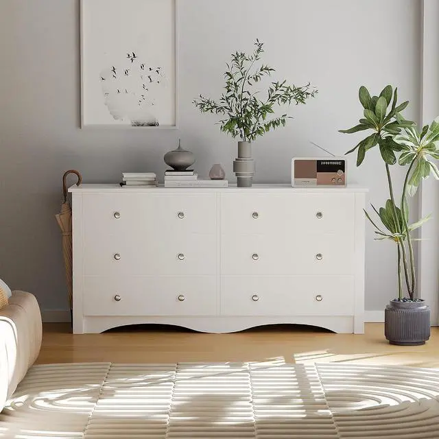 Alt view image 5 of 7 - 6 Drawer Dresser Chests for Bedroom, Storage Dressers Organizer with Anti-Tilt Devices, Modern Wide Wood Chest of Drawers for Living Room Hallway Entryway (White)
