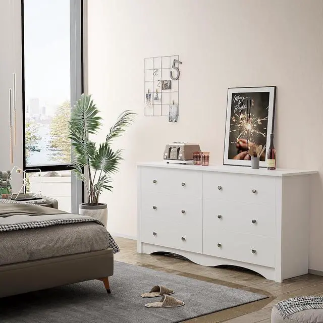 Alt view image 6 of 7 - 6 Drawer Dresser Chests for Bedroom, Storage Dressers Organizer with Anti-Tilt Devices, Modern Wide Wood Chest of Drawers for Living Room Hallway Entryway (White)