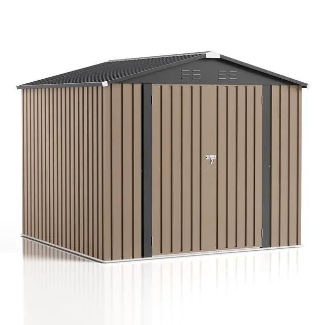 Alt view image 7 of 7 - 8x8 FT Outdoor Storage Shed, Heavy Duty Tool Metal Sheds with Lockable Doors and Updated Frame Structure for Backyard Patio Lawn, Brown