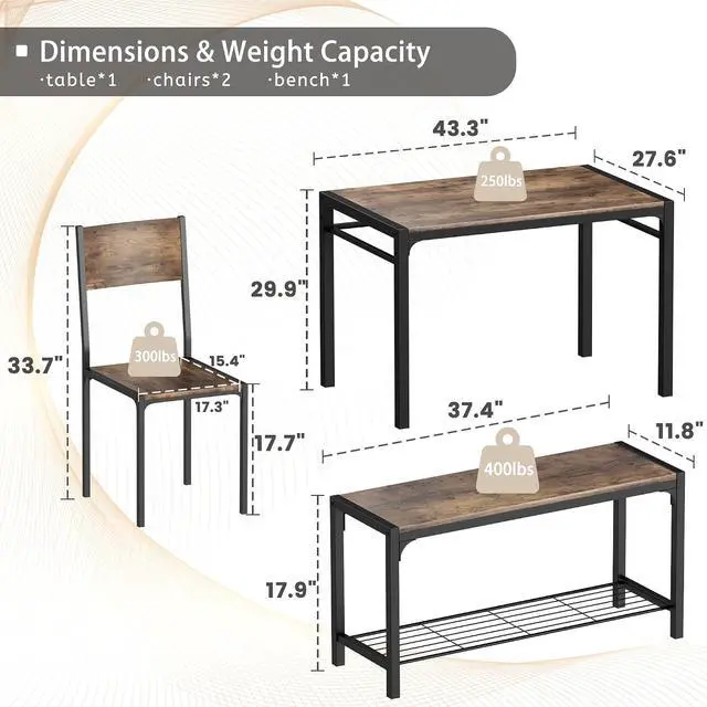 Alt view image 2 of 7 - 43.3" Dining Table Set for 4, Kitchen Table with Bench & 2 Chairs Modern Rectangular Metal Frame Dining Furniture Set for Small Space (Rustic Brown)