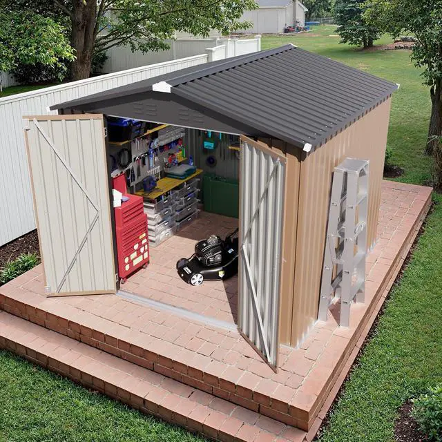 Alt view image 6 of 7 - 8x8 FT Outdoor Storage Shed, Heavy Duty Tool Metal Sheds with Lockable Doors and Updated Frame Structure for Backyard Patio Lawn, Brown