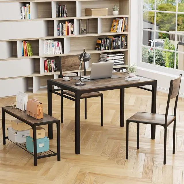 Alt view image 4 of 7 - 43.3" Dining Table Set for 4, Kitchen Table with Bench & 2 Chairs Modern Rectangular Metal Frame Dining Furniture Set for Small Space (Rustic Brown)