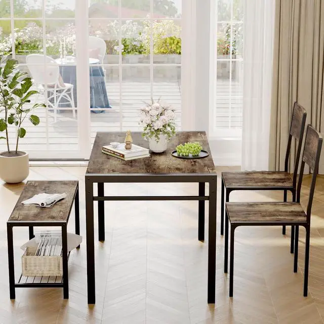 Alt view image 7 of 7 - 43.3" Dining Table Set for 4, Kitchen Table with Bench & 2 Chairs Modern Rectangular Metal Frame Dining Furniture Set for Small Space (Rustic Brown)