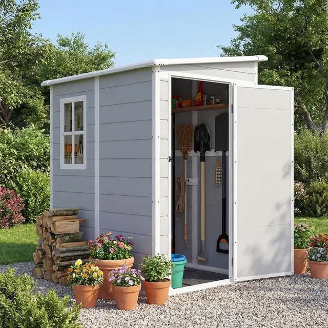 Main image of 5x4 FT Plastic Outdoor Storage Shed with Floor, Waterproof Resin Garden Shed with Lockable Door, Outside Tool Shed for Backyard, Patio, Lawn, Light Grey