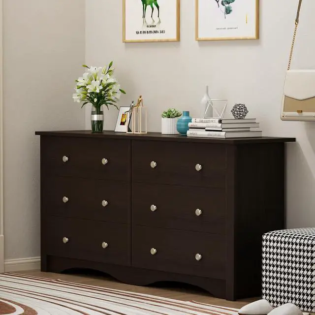 Alt view image 2 of 7 - 6 Drawer Dresser Chests for Bedroom, Storage Dressers Organizer with Anti-Tilt Devices, Modern Wide Wood Chest of Drawers for Living Room Hallway Entryway (Brown)