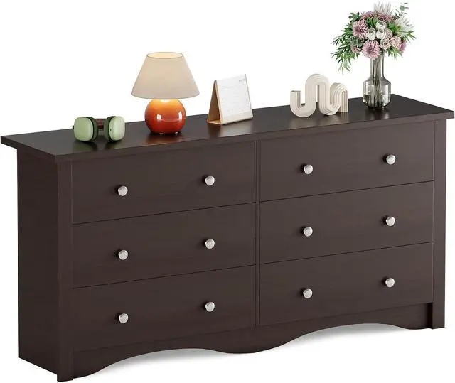 Main image of 6 Drawer Dresser Chests for Bedroom, Storage Dressers Organizer with Anti-Tilt Devices, Modern Wide Wood Chest of Drawers for Living Room Hallway Entryway (Brown)