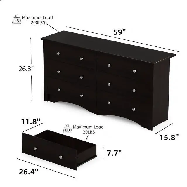 Alt view image 3 of 7 - 6 Drawer Dresser Chests for Bedroom, Storage Dressers Organizer with Anti-Tilt Devices, Modern Wide Wood Chest of Drawers for Living Room Hallway Entryway (Brown)