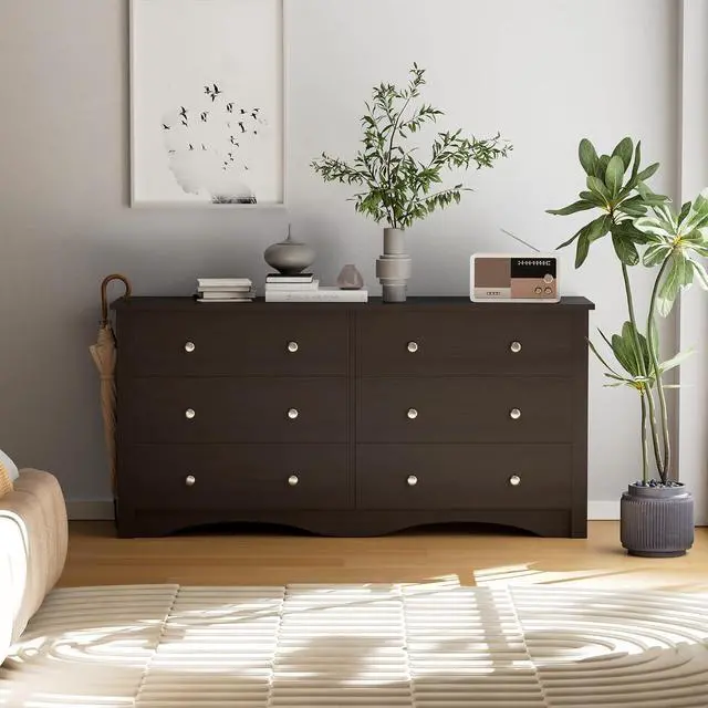 Alt view image 5 of 7 - 6 Drawer Dresser Chests for Bedroom, Storage Dressers Organizer with Anti-Tilt Devices, Modern Wide Wood Chest of Drawers for Living Room Hallway Entryway (Brown)