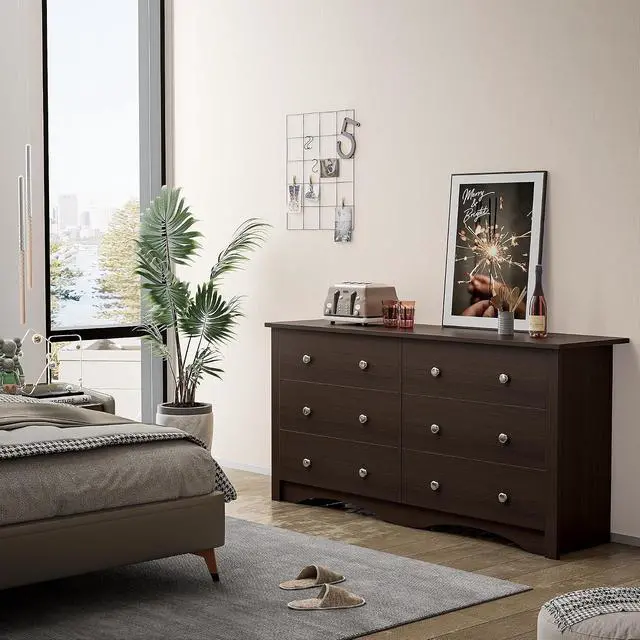 Alt view image 6 of 7 - 6 Drawer Dresser Chests for Bedroom, Storage Dressers Organizer with Anti-Tilt Devices, Modern Wide Wood Chest of Drawers for Living Room Hallway Entryway (Brown)