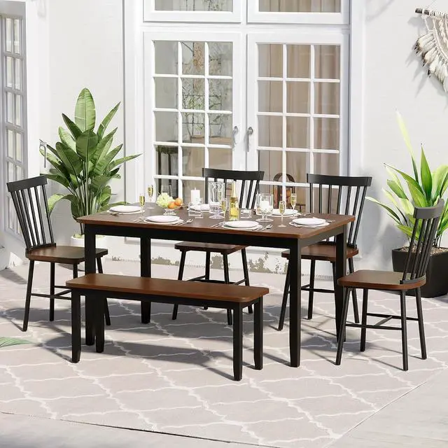 Alt view image 2 of 7 - Solid Wood 6 Piece Dining Table Set, Modern 58"/W Kitchen Table Set for 6 with 4 Windsor Chairs & 1 Bench, Kitchen & Dining Room Sets for Kitchen, Restaurant (Brown & Black)