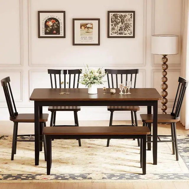 Alt view image 4 of 7 - Solid Wood 6 Piece Dining Table Set, Modern 58"/W Kitchen Table Set for 6 with 4 Windsor Chairs & 1 Bench, Kitchen & Dining Room Sets for Kitchen, Restaurant (Brown & Black)
