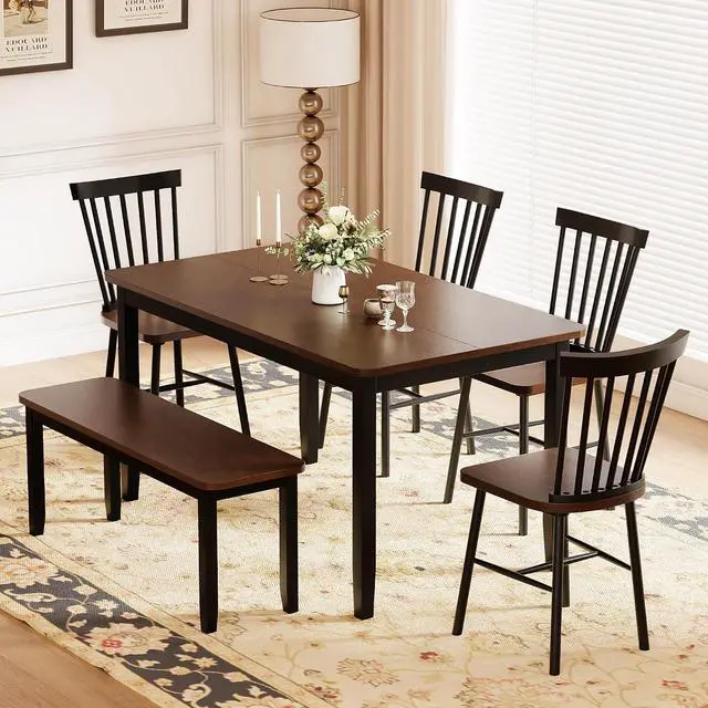 Alt view image 3 of 7 - Solid Wood 6 Piece Dining Table Set, Modern 58"/W Kitchen Table Set for 6 with 4 Windsor Chairs & 1 Bench, Kitchen & Dining Room Sets for Kitchen, Restaurant (Brown & Black)