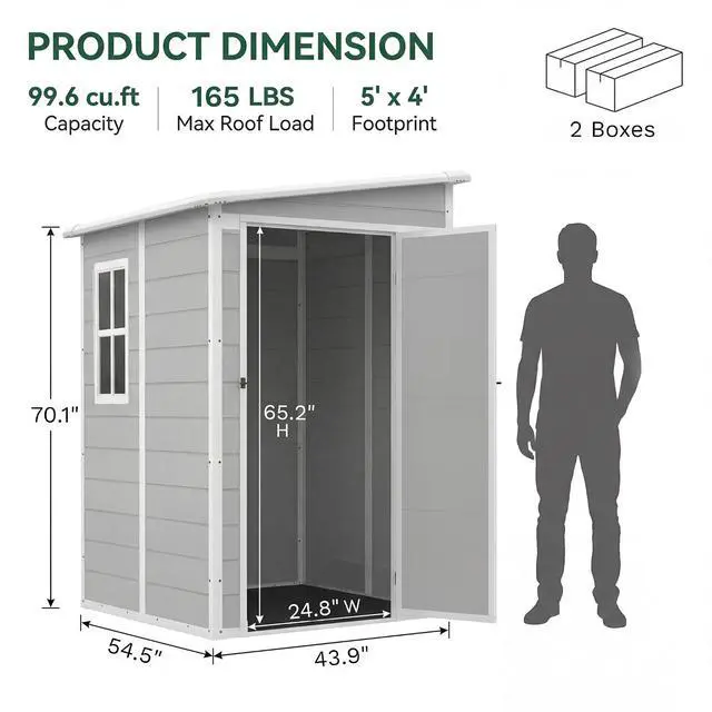 Alt view image 2 of 5 - 5x4 FT Plastic Outdoor Storage Shed with Floor, Waterproof Resin Garden Shed with Lockable Door, Outside Tool Shed for Backyard, Patio, Lawn, Light Grey