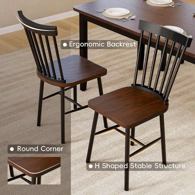 Alt view image 5 of 7 - Solid Wood 6 Piece Dining Table Set, Modern 58"/W Kitchen Table Set for 6 with 4 Windsor Chairs & 1 Bench, Kitchen & Dining Room Sets for Kitchen, Restaurant (Brown & Black)