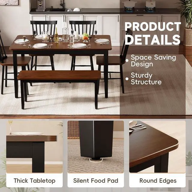 Alt view image 6 of 7 - Solid Wood 6 Piece Dining Table Set, Modern 58"/W Kitchen Table Set for 6 with 4 Windsor Chairs & 1 Bench, Kitchen & Dining Room Sets for Kitchen, Restaurant (Brown & Black)