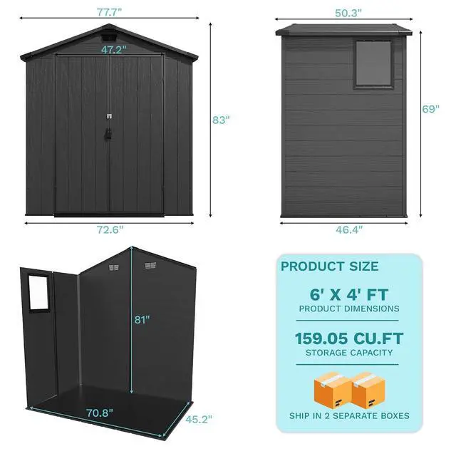 Alt view image 2 of 7 - 6x4 FT Resin Storage Shed with Floor, Waterproof Tool Storage Shed with Lockable Door for Patio, Garden, Backyard, Dark Gray
