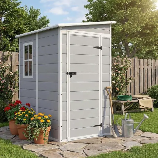 Alt view image 5 of 5 - 5x4 FT Plastic Outdoor Storage Shed with Floor, Waterproof Resin Garden Shed with Lockable Door, Outside Tool Shed for Backyard, Patio, Lawn, Light Grey