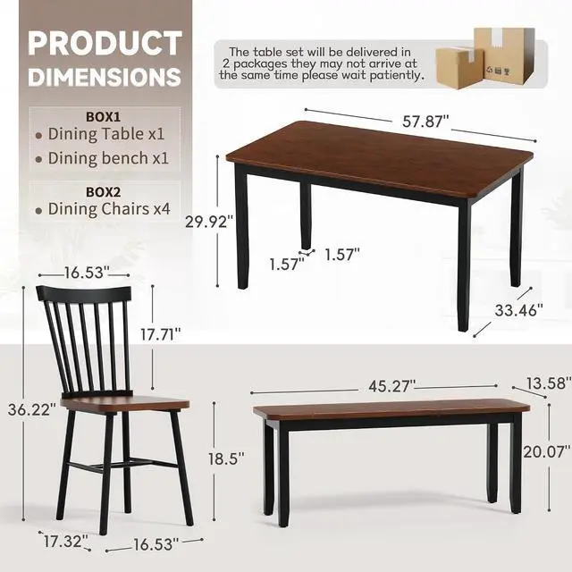 Alt view image 7 of 7 - Solid Wood 6 Piece Dining Table Set, Modern 58"/W Kitchen Table Set for 6 with 4 Windsor Chairs & 1 Bench, Kitchen & Dining Room Sets for Kitchen, Restaurant (Brown & Black)