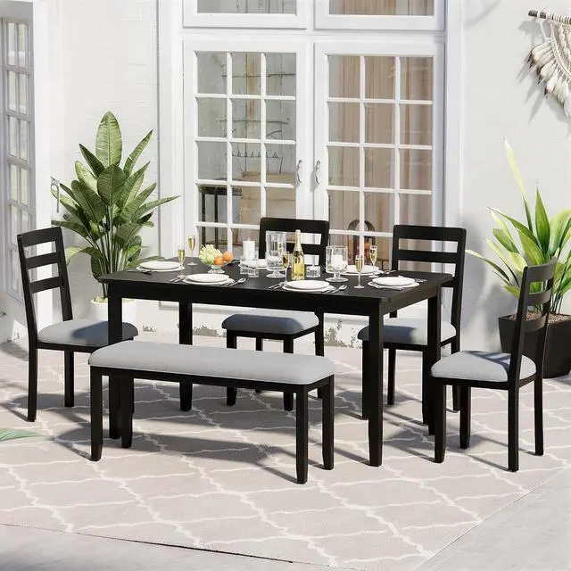Alt view image 2 of 7 - Solid Wood 6 Piece Dining Table Set, Modern 58"/W Kitchen Table Set for 6 with 4 Upholstered Chairs & 1 Bench, Kitchen & Dining Room Sets for Kitchen, Restaurant (Black & Grey)