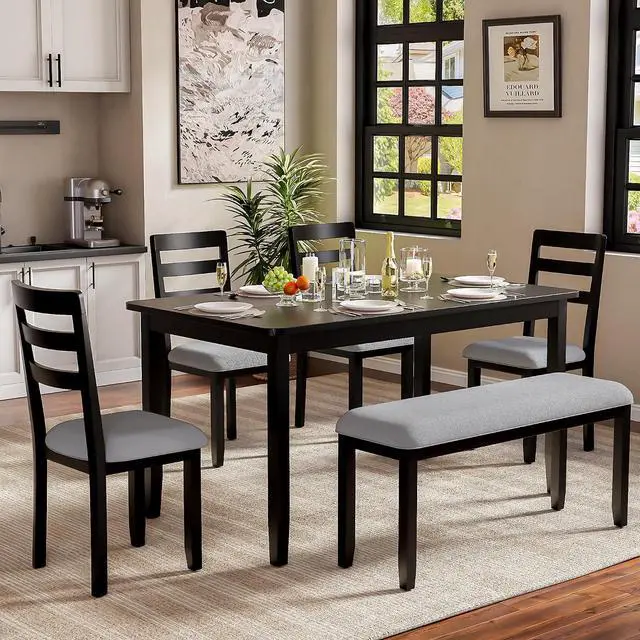 Main image of Solid Wood 6 Piece Dining Table Set, Modern 58"/W Kitchen Table Set for 6 with 4 Upholstered Chairs & 1 Bench, Kitchen & Dining Room Sets for Kitchen, Restaurant (Black & Grey)