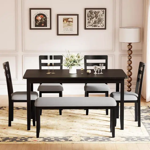 Alt view image 4 of 7 - Solid Wood 6 Piece Dining Table Set, Modern 58"/W Kitchen Table Set for 6 with 4 Upholstered Chairs & 1 Bench, Kitchen & Dining Room Sets for Kitchen, Restaurant (Black & Grey)