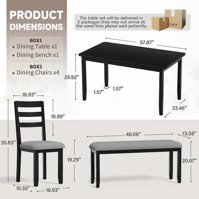 Alt view image 7 of 7 - Solid Wood 6 Piece Dining Table Set, Modern 58"/W Kitchen Table Set for 6 with 4 Upholstered Chairs & 1 Bench, Kitchen & Dining Room Sets for Kitchen, Restaurant (Black & Grey)