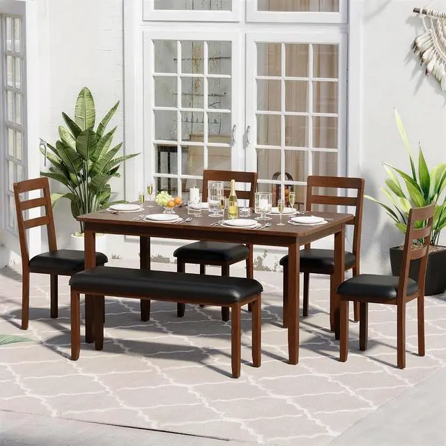 Alt view image 2 of 7 - Solid Wood 6 Piece Dining Table Set, Modern 58"/W Kitchen Table Set for 6 with 4 Upholstered Chairs & 1 Bench, Kitchen & Dining Room Sets for Kitchen, Restaurant (Black & Brown)