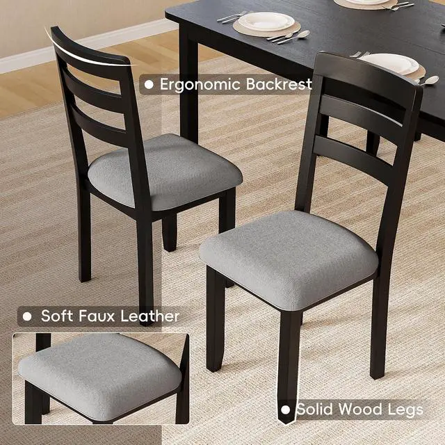 Alt view image 6 of 7 - Solid Wood 6 Piece Dining Table Set, Modern 58"/W Kitchen Table Set for 6 with 4 Upholstered Chairs & 1 Bench, Kitchen & Dining Room Sets for Kitchen, Restaurant (Black & Grey)