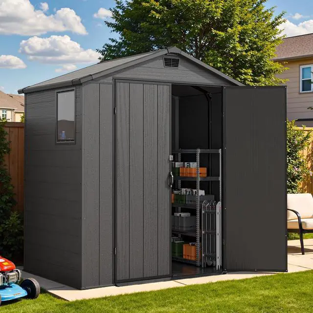 Alt view image 7 of 7 - 6x4 FT Resin Storage Shed with Floor, Waterproof Tool Storage Shed with Lockable Door for Patio, Garden, Backyard, Dark Gray