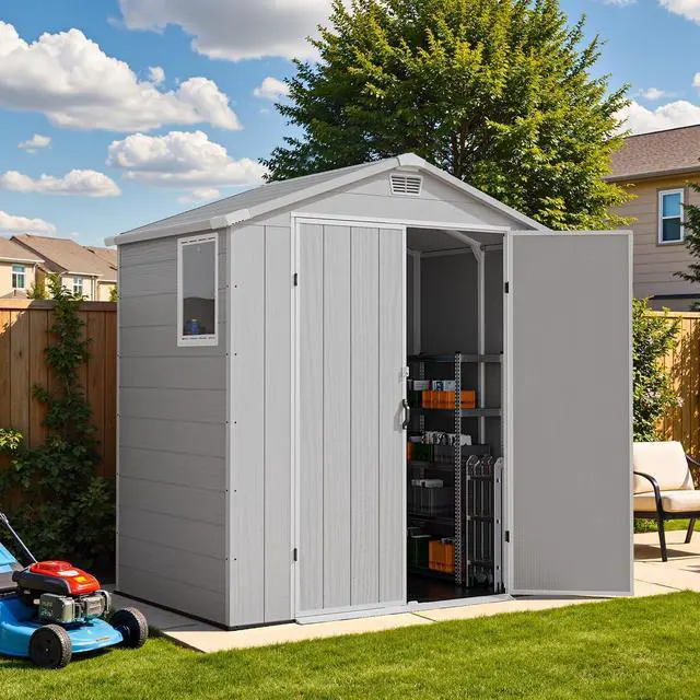 Alt view image 7 of 7 - 6x4 FT Plastic Storage Shed, Waterproof Tool Storage Shed with Lockable Door and Window for Patio, Garden, Backyard, Light Gray