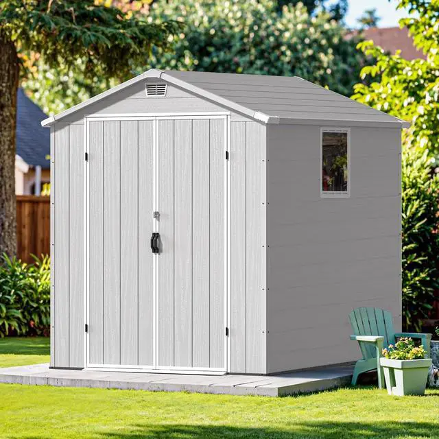 Alt view image 2 of 7 - 6x6 FT Plastic Outdoor Storage Shed - Lockable Resin Tool Shed with Window & Floor - Easy Assembly for Garden, Backyard, Light Gray